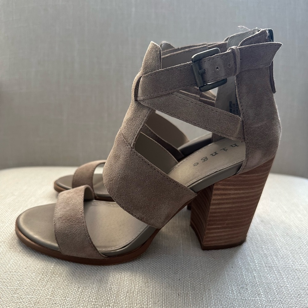 Hinge Taupe Suede Heeled Sandals - Size 7.5 - Picture 4 of 11